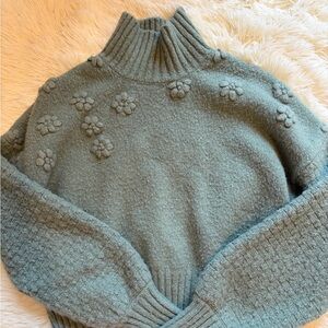 Sage Green Floral Knit Turtleneck Sweater Ladies Small